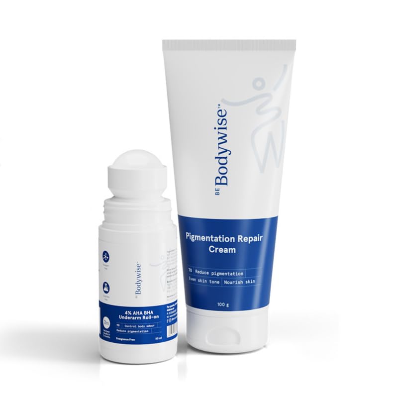 Be Bodywise Pigmentation Kit | With 4% AHA BHA Underarm Roll-On (50ml) & Pigmentation Repair Cream (100g) | Reduces Body Odor, Fades Pigmentation & Corrects Uneven Skin Tone