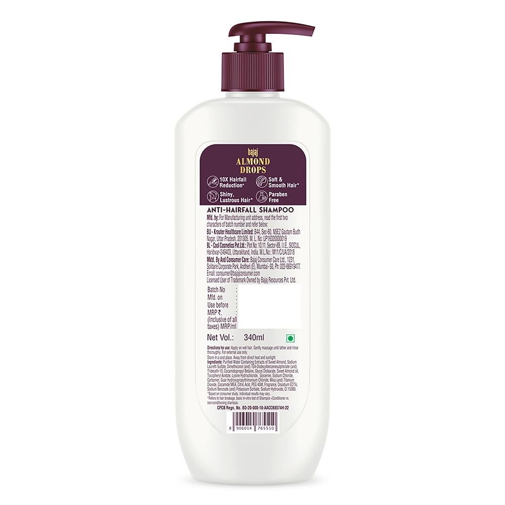 Bajaj Almond Drops Anti Hairfall Shampoo with Almond Oil & Vitamin E | For 10X Hairfall Reduction* & Soft, Shiny Hair* | Paraben Free | Ideal for Men and Women - 340ML