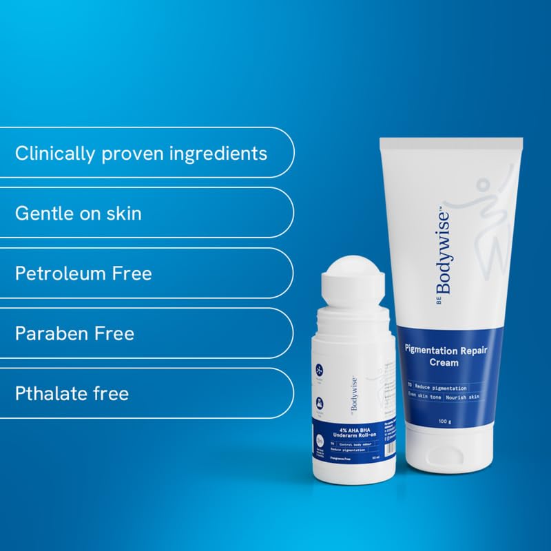 Be Bodywise Pigmentation Kit | With 4% AHA BHA Underarm Roll-On (50ml) & Pigmentation Repair Cream (100g) | Reduces Body Odor, Fades Pigmentation & Corrects Uneven Skin Tone