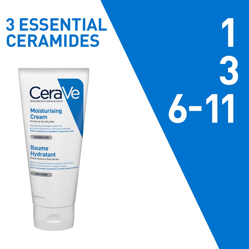 CeraVe Moisturizing Cream For Dry To Very Dry Skin (177ml) - Formulated with 3 Essential Ceramides And Hyaluronic Acid | Non-Comedogenic Moisturizer For Face and Body