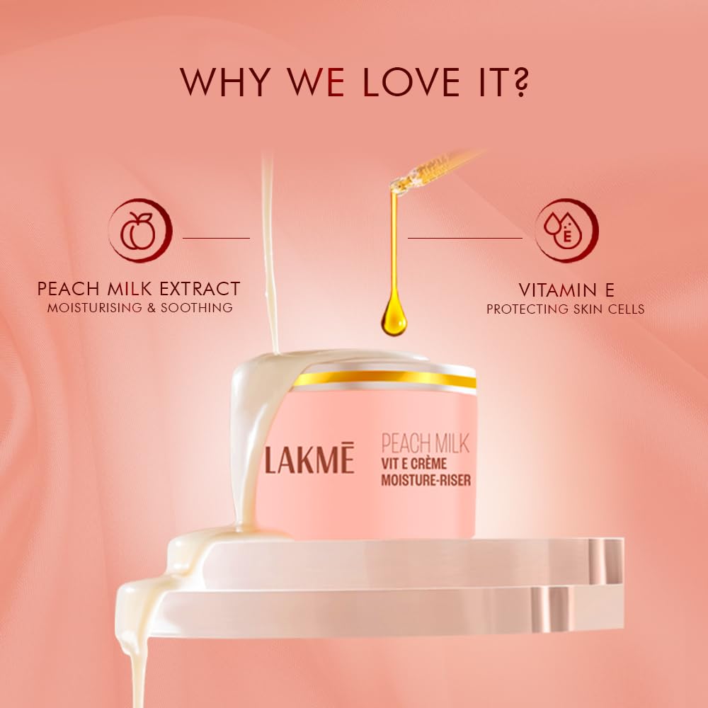 LAKMÉ Peach Milk Soft Crème Moisturizer For Face 100g || Daily Lightweight Whipped Cream With Vitamin E For Soft|| Glowing Skin - Non Oily 24h Moisture