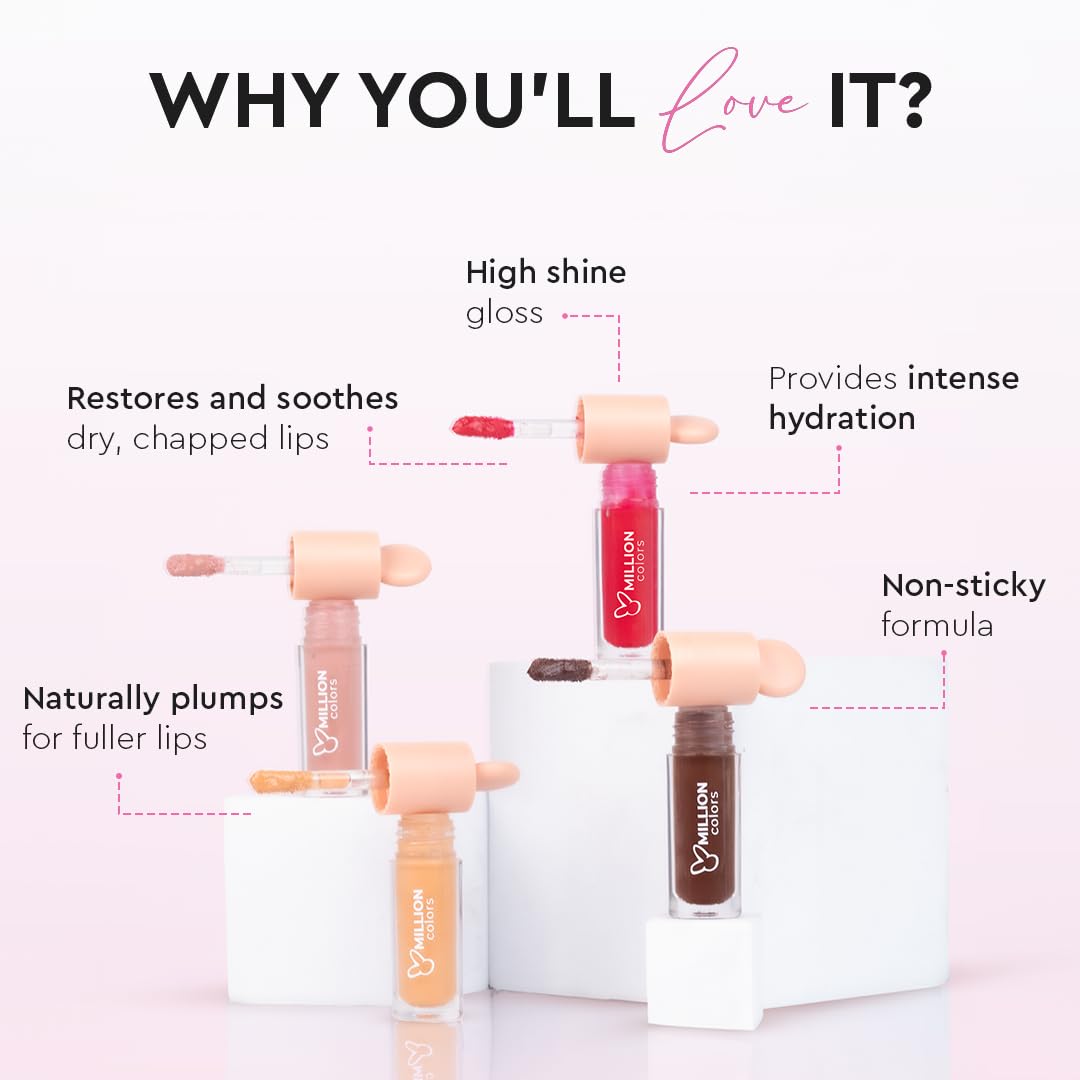 Million Colors Tinted Glow Lip Tint Balm Oil For Women Dark, Dry and Chapped Lips | Provides Hydration, Moisturizing and Plump - (Pack of 4 - Peach, Strawberry, Chocolate, Honey) - 8ml