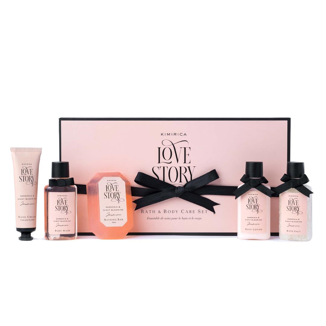 Kimirica Love Story Luxury Bath and Body Care Gift Set Box | Bath Salt, Body Wash, Body Lotion, Bathing Bar and Hand cream | Pack of 5 | For Men and Women | Pampering Kit for Birthday ,Anniversary