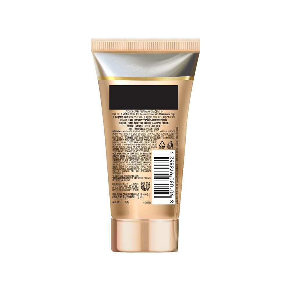 Lakme Perfect Radiance Intense Brightening Face Wash 50 g, Daily Facial Cleanser with Skin Lightening Vitamins - Lightens Dark Spots with Niacinamide