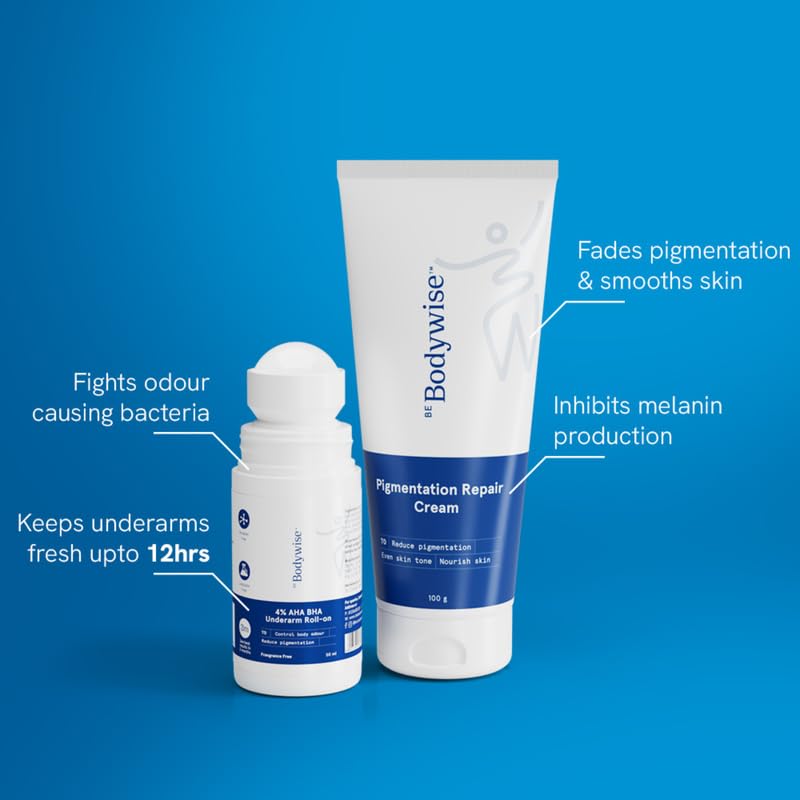 Be Bodywise Pigmentation Kit | With 4% AHA BHA Underarm Roll-On (50ml) & Pigmentation Repair Cream (100g) | Reduces Body Odor, Fades Pigmentation & Corrects Uneven Skin Tone