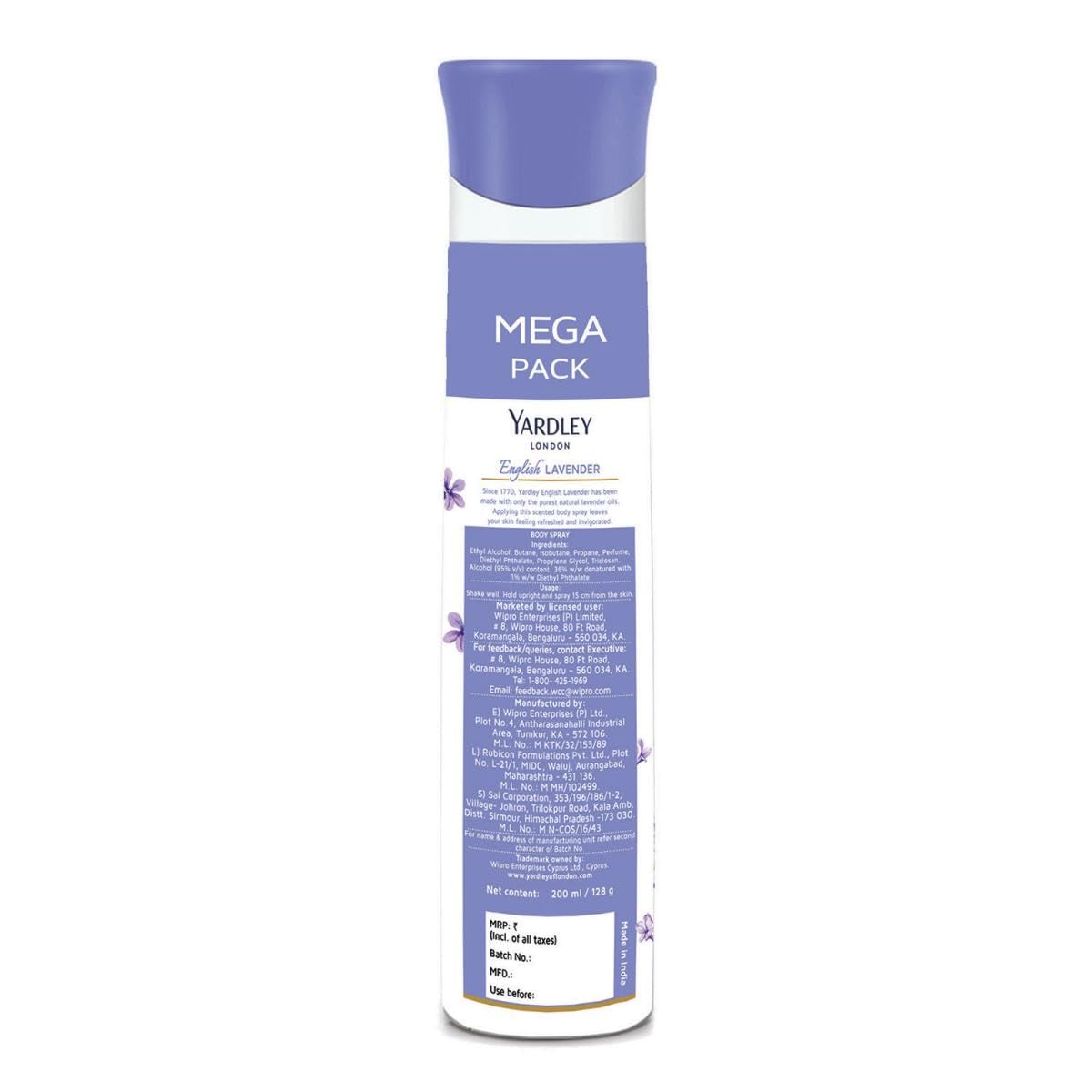 Yardley London English Lavender Refreshing Body Spray| Fresh Floral Scent| 90% Naturally Derived| | Deo Spray| Body Deodorant for Women| 200ml