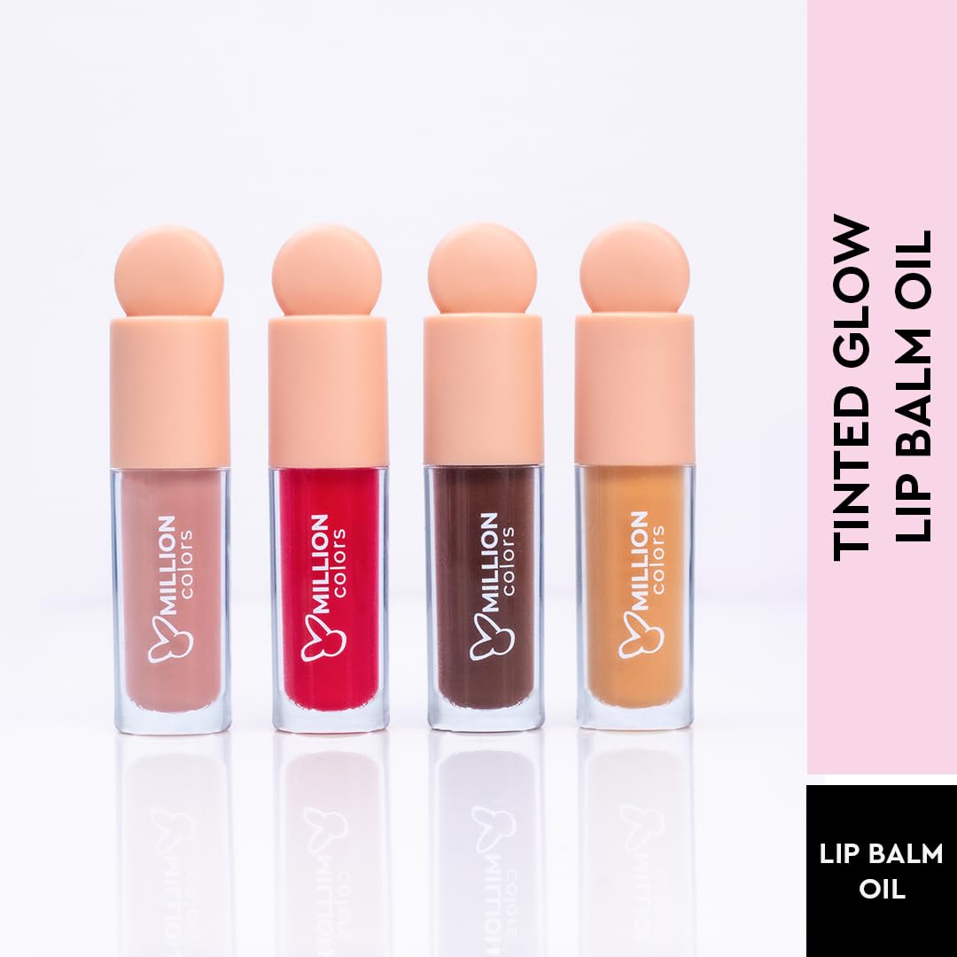Million Colors Tinted Glow Lip Tint Balm Oil For Women Dark, Dry and Chapped Lips | Provides Hydration, Moisturizing and Plump - (Pack of 4 - Peach, Strawberry, Chocolate, Honey) - 8ml