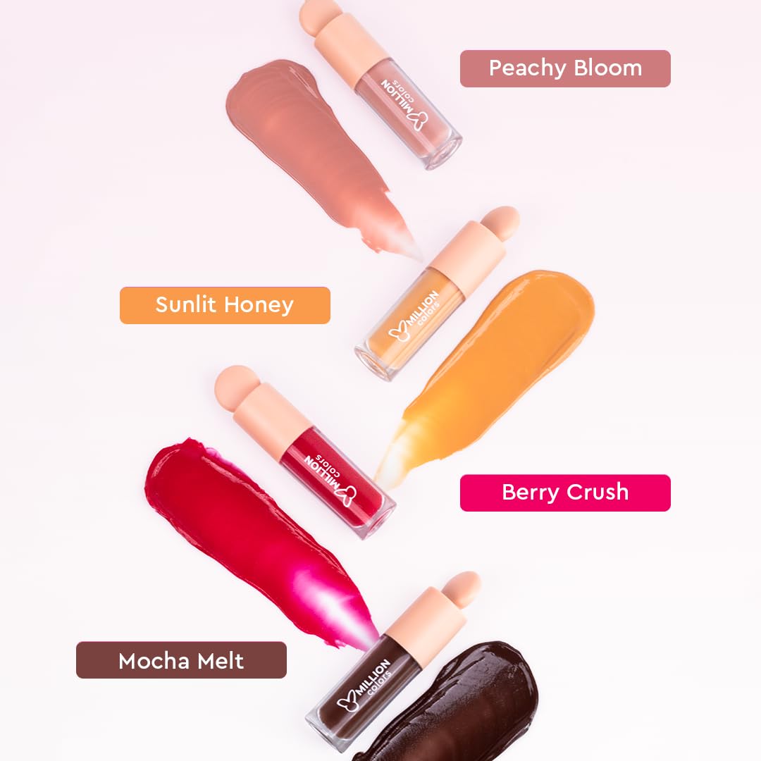 Million Colors Tinted Glow Lip Tint Balm Oil For Women Dark, Dry and Chapped Lips | Provides Hydration, Moisturizing and Plump - (Pack of 4 - Peach, Strawberry, Chocolate, Honey) - 8ml