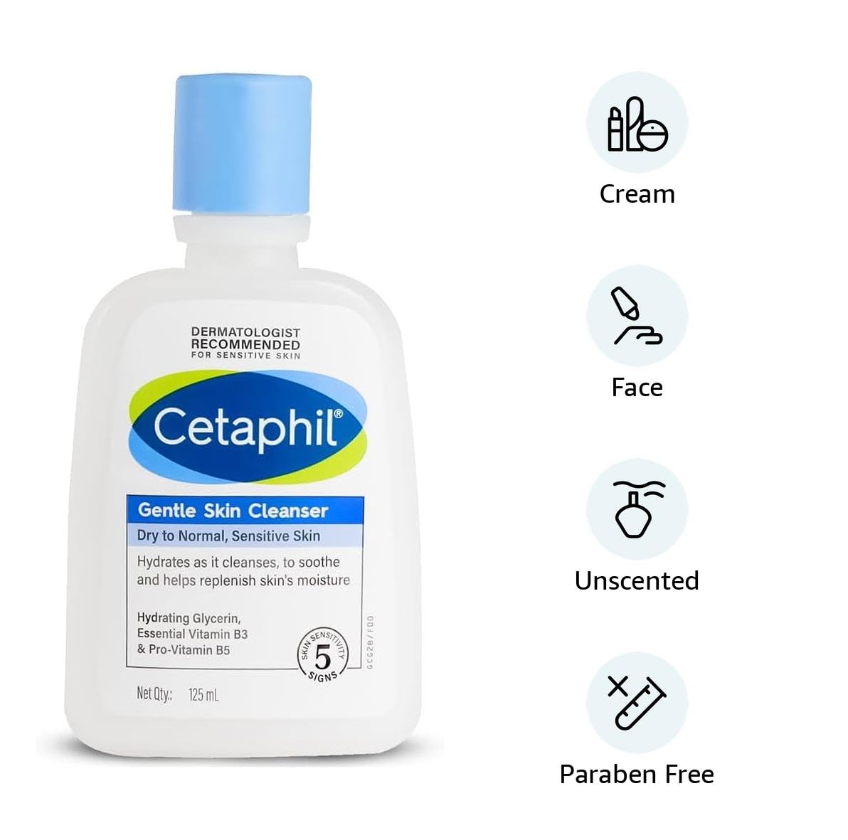 Cetaphil Paraben, Sulphate-Free Gentle Skin Hydrating Face Wash Cleanser with Niacinamide, Vitamin B5 for Dry to Normal, Sensitive Skin - 125 ml