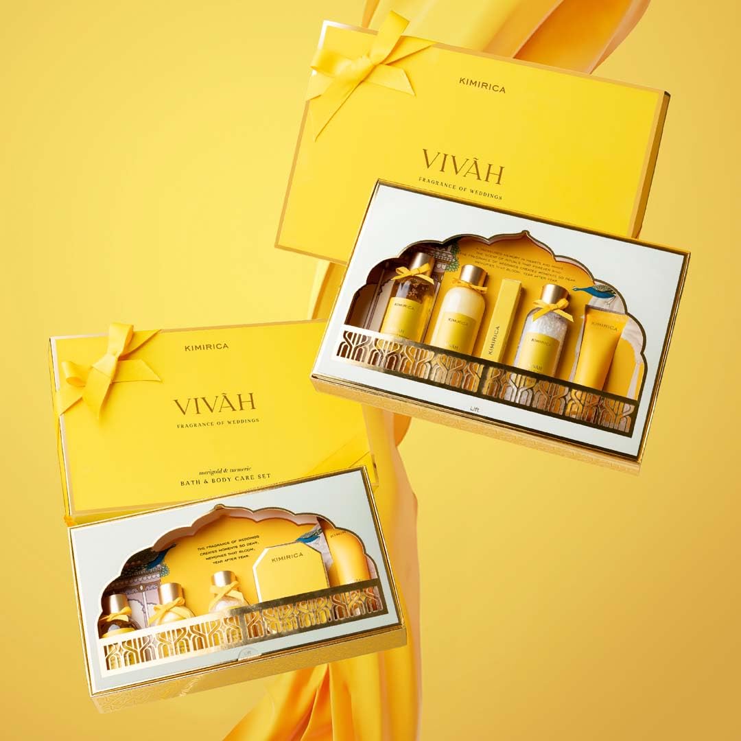 Kimirica Vivah Experience Wedding gift set for couple| Uniquely Crafted Wedding Gifts contains Body wash, Body Lotion, Bath Salt, Bathing bar and Hand cream