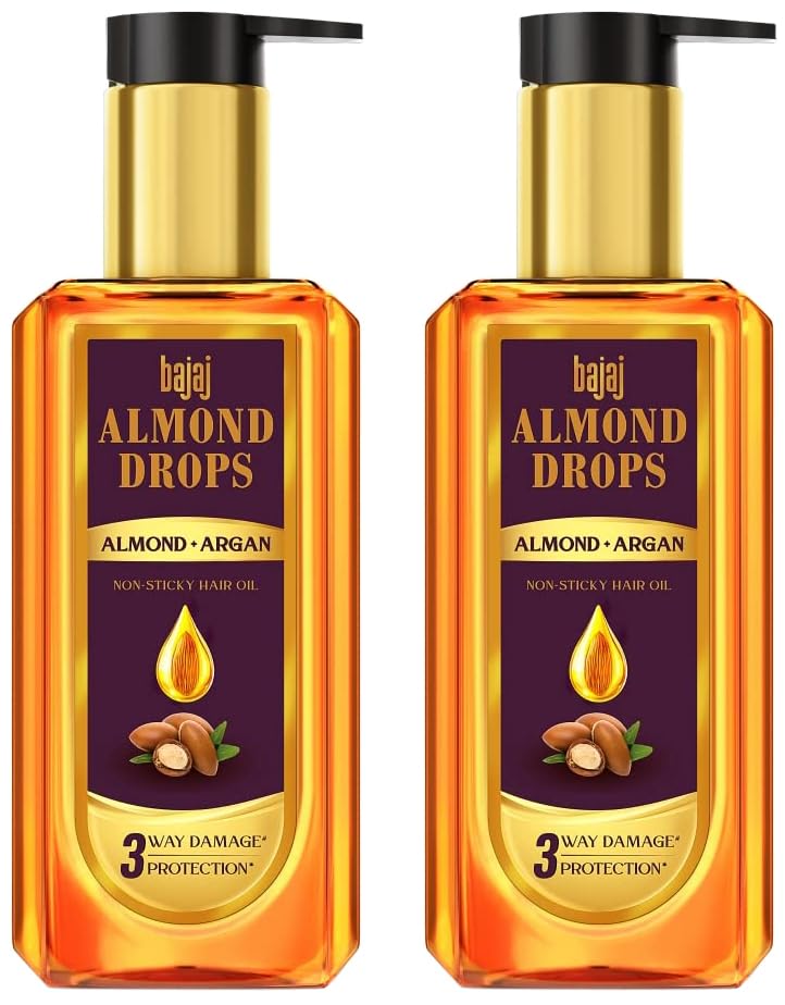 Bajaj Almond Drops Almond + Argan Hair Oil - 100ml | Provides 3-way Damage Protection | For Soft and Shiny Hair | Non-sticky Formula | with Almond Oil & Argan Oil (Pack of 2)