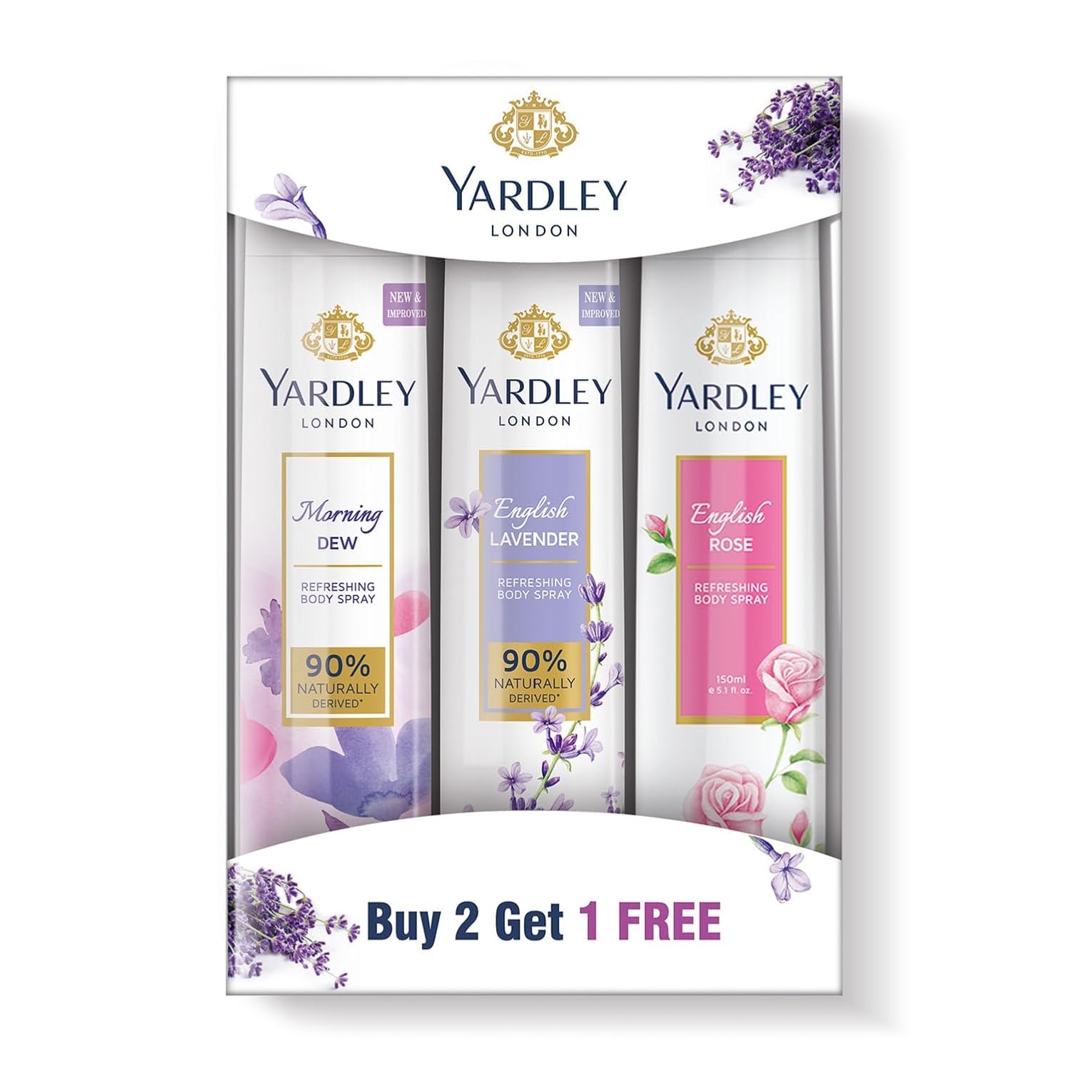 Yardley London Refreshing Deo Body Spray Tripack (English Lavender + English Rose + Morning Dew) for Women, 150ml Each (Pack of 3)