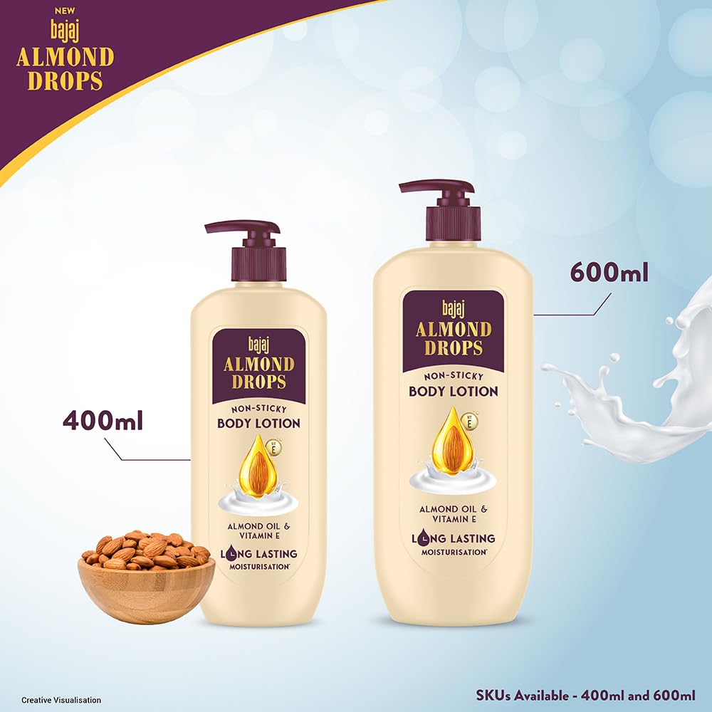 Bajaj Almond Drops Non-Sticky Body Lotion | Long Lasting Moisturization | Almond Oil & Vitamin E | Nourished and Smooth Skin | 400 ML