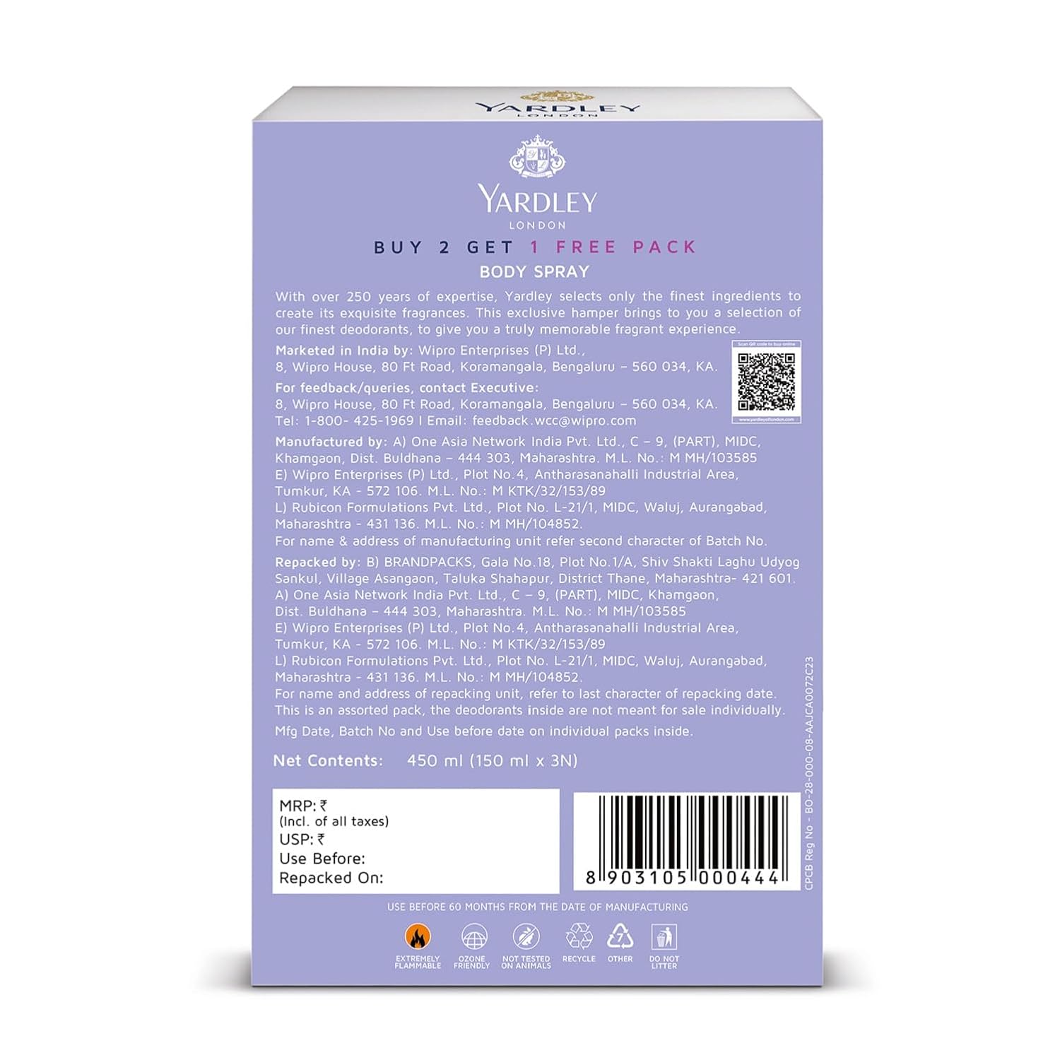 Yardley London Refreshing Deo Body Spray Tripack (English Lavender + English Rose + Morning Dew) for Women, 150ml Each (Pack of 3)