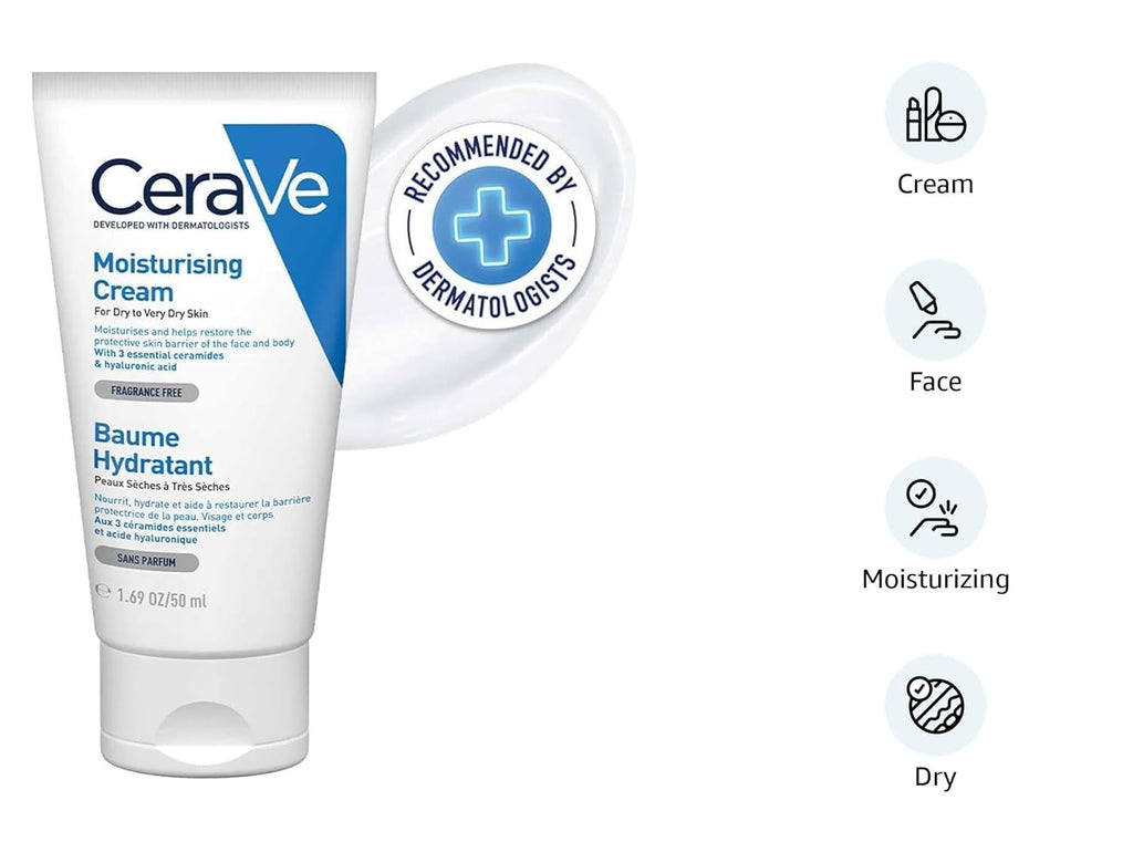 CeraVe Moisturizing Cream For Dry To Very Dry Skin (50ml) - Formulated with 3 Essential Ceramides And Hyaluronic Acid | Non-Comedogenic Moisturizer For Face and Body
