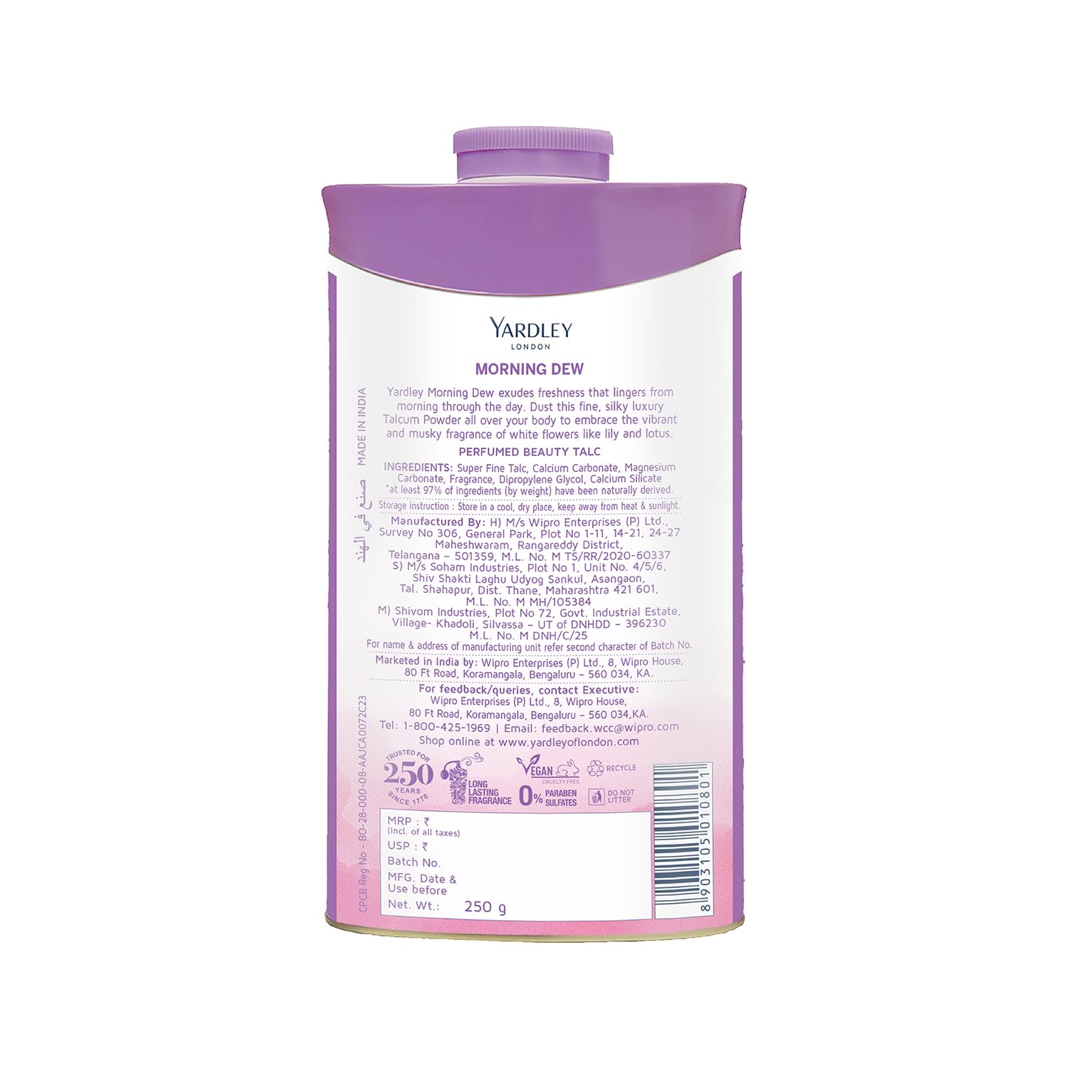 Yardley London Morning Dew Perfumed Talc Pwder for Women with Calcium Carbonate, Magnisium Carbonate, Fragrance, Dipropylene Glycol, Calcium Silicate, Triclosan, Pack of 1, 250g