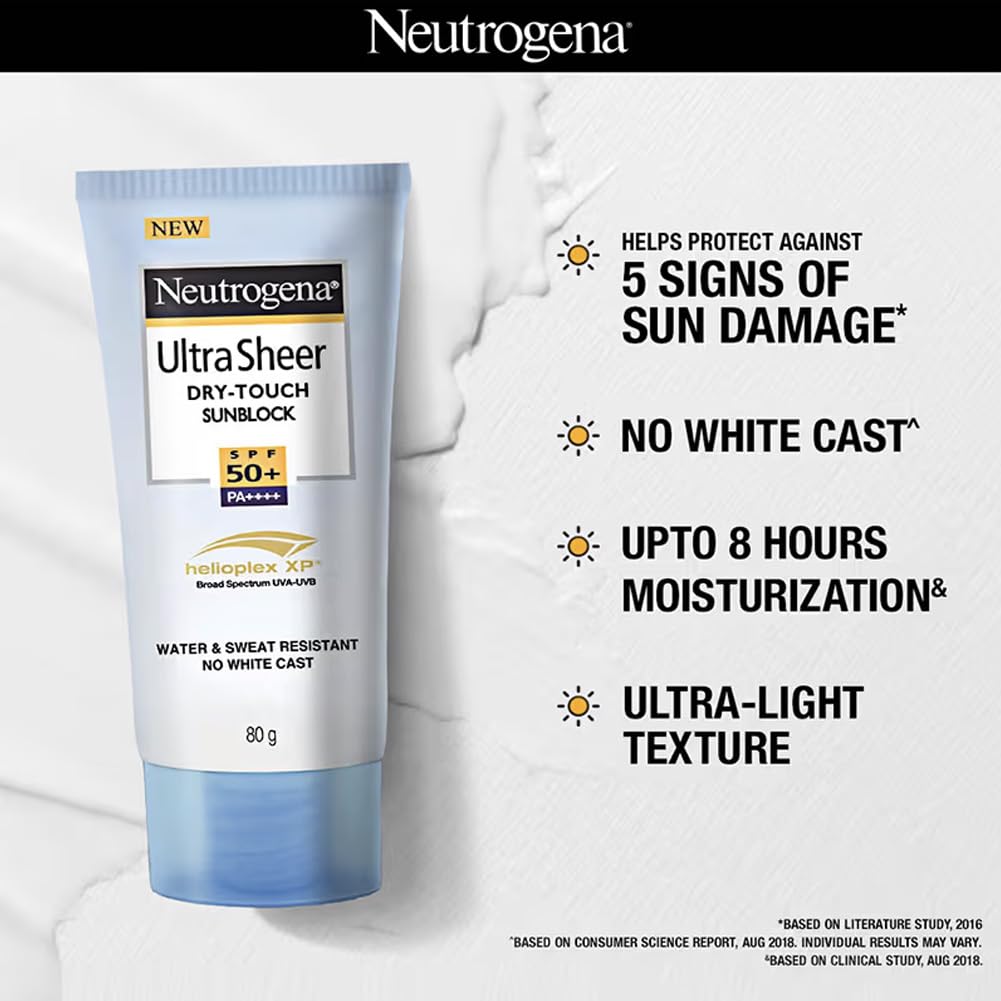 Neutrogena Ultrasheer Sunscreen SPF 50+ PA++++ | Broad Spectrum UVA/UVB | Blue Light Protect | No White Cast | Water Resistant, Ultra Light & Non Sticky | Oily, Dry & Sensitive Skin | For Women & Men | 80g