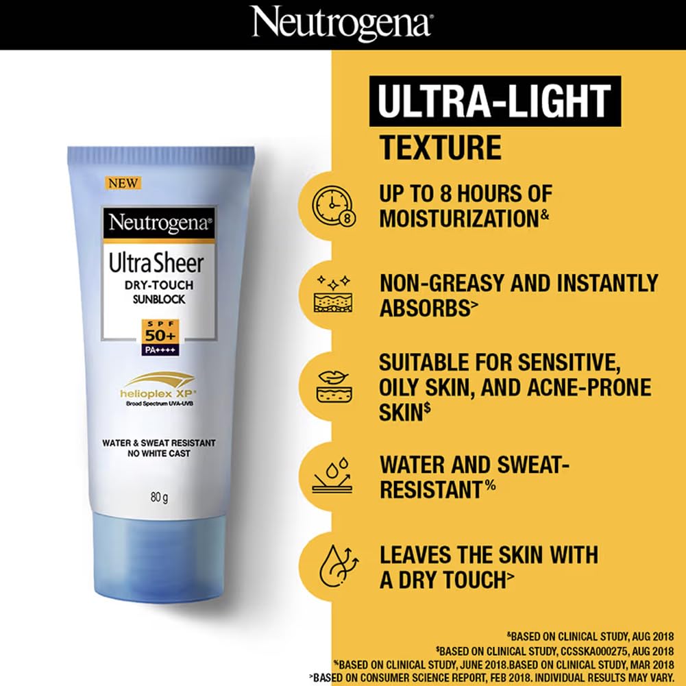 Neutrogena Ultrasheer Sunscreen SPF 50+ PA++++ | Broad Spectrum UVA/UVB | Blue Light Protect | No White Cast | Water Resistant, Ultra Light & Non Sticky | Oily, Dry & Sensitive Skin | For Women & Men | 80g