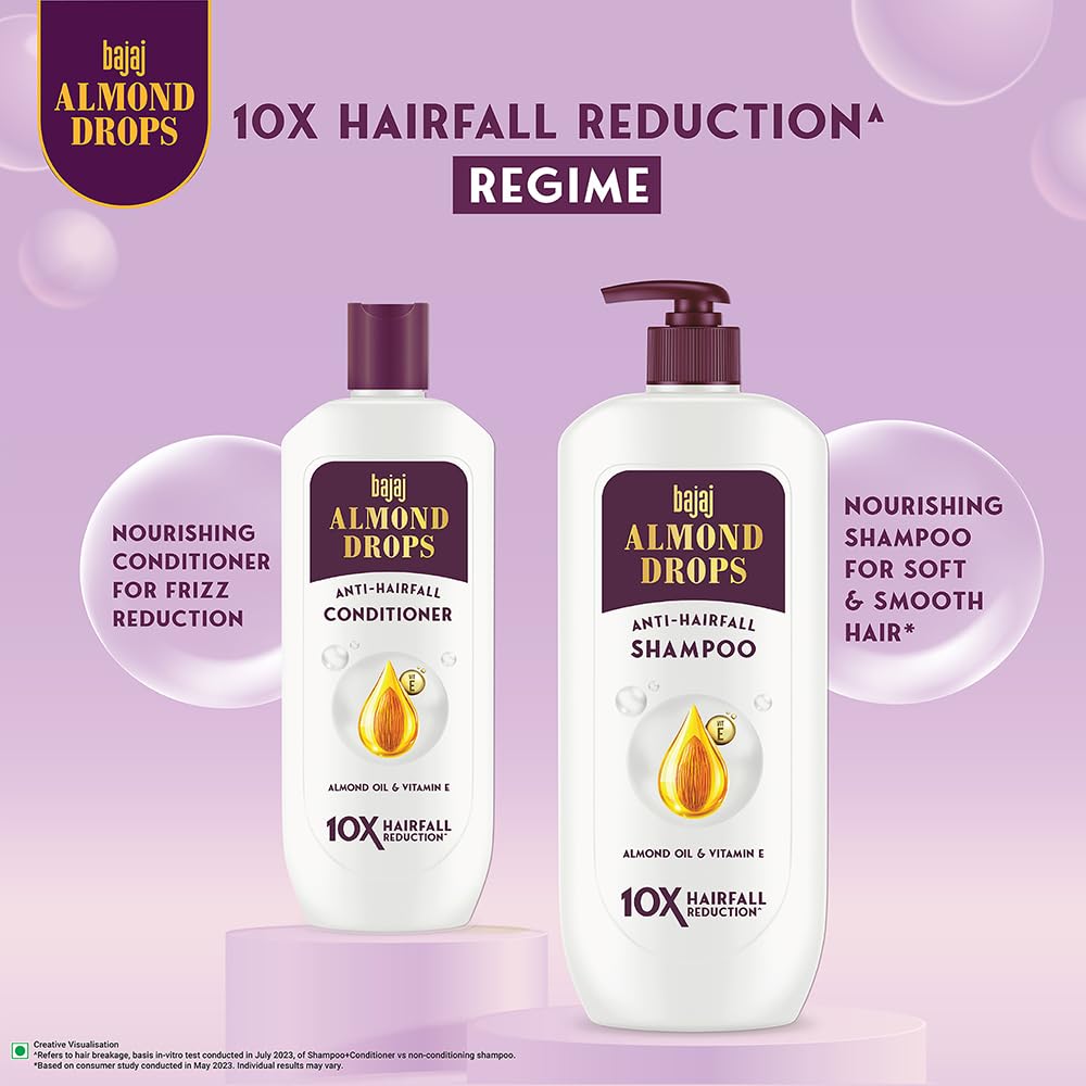Bajaj Almond Drops Anti Hairfall Shampoo with Almond Oil & Vitamin E | For 10X Hairfall Reduction* & Soft, Shiny Hair* | Paraben Free | Ideal for Men and Women - 340ML