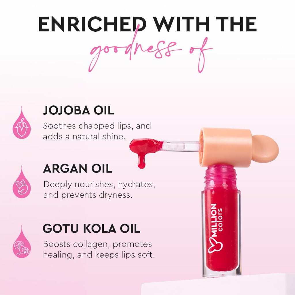 Million Colors Tinted Glow Lip Tint Balm Oil For Women Dark, Dry and Chapped Lips | Provides Hydration, Moisturizing and Plump - (Pack of 4 - Peach, Strawberry, Chocolate, Honey) - 8ml