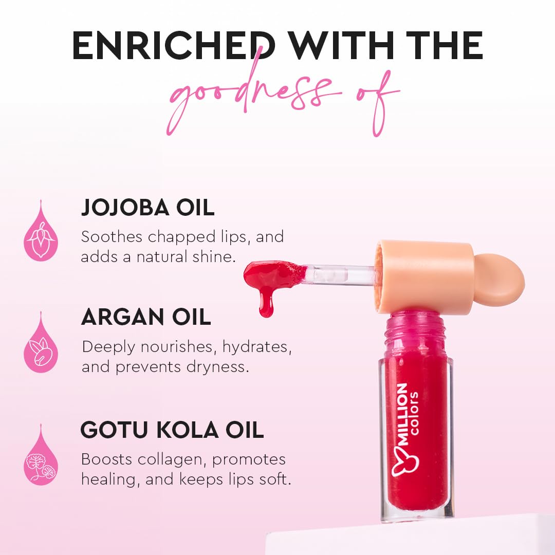 Million Colors Tinted Glow Lip Tint Balm Oil For Women Dark, Dry and Chapped Lips | Provides Hydration, Moisturizing and Plump - (Pack of 4 - Peach, Strawberry, Chocolate, Honey) - 8ml