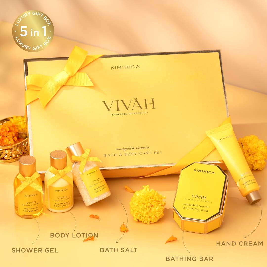 Kimirica Vivah Experience Wedding gift set for couple| Uniquely Crafted Wedding Gifts contains Body wash, Body Lotion, Bath Salt, Bathing bar and Hand cream
