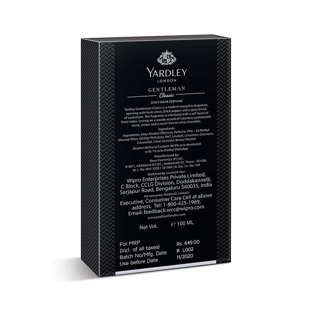 Yardley London Gentleman Classic Liquid Perfume Spray, Fresh Woody Fougère Notes, Masculine Fragrance, Perfume For Men, 100ml
