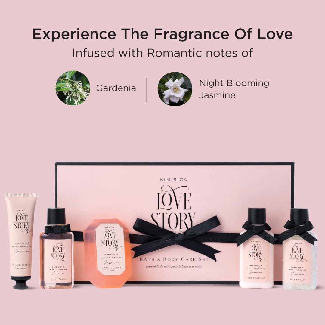 Kimirica Love Story Luxury Bath and Body Care Gift Set Box | Bath Salt, Body Wash, Body Lotion, Bathing Bar and Hand cream | Pack of 5 | For Men and Women | Pampering Kit for Birthday ,Anniversary