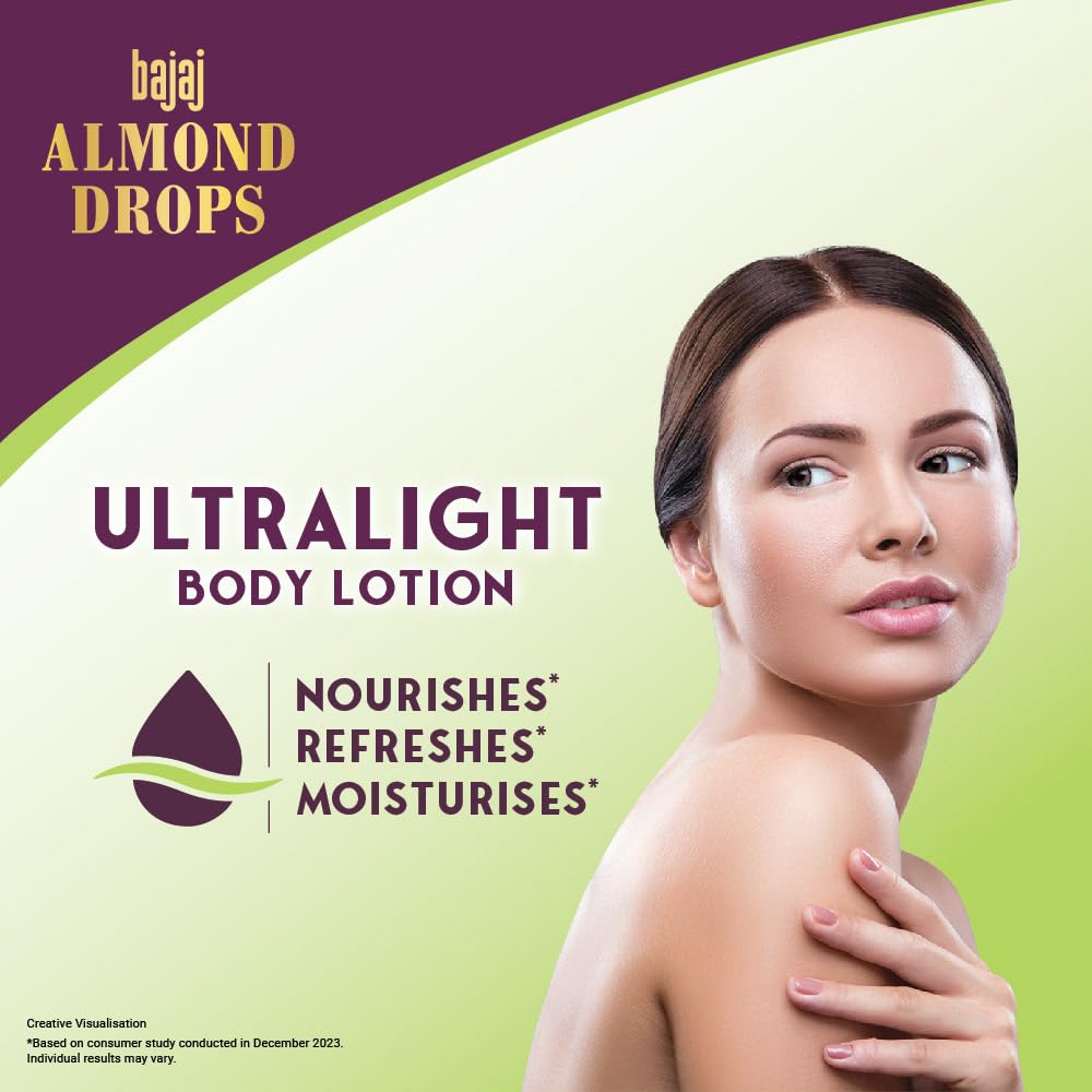 Bajaj Almond Drops Ultralight Body Lotion for Women and Men | Refreshing Hydration- Aloe Vera, Almond Oil & Vitamin E, 400 ml