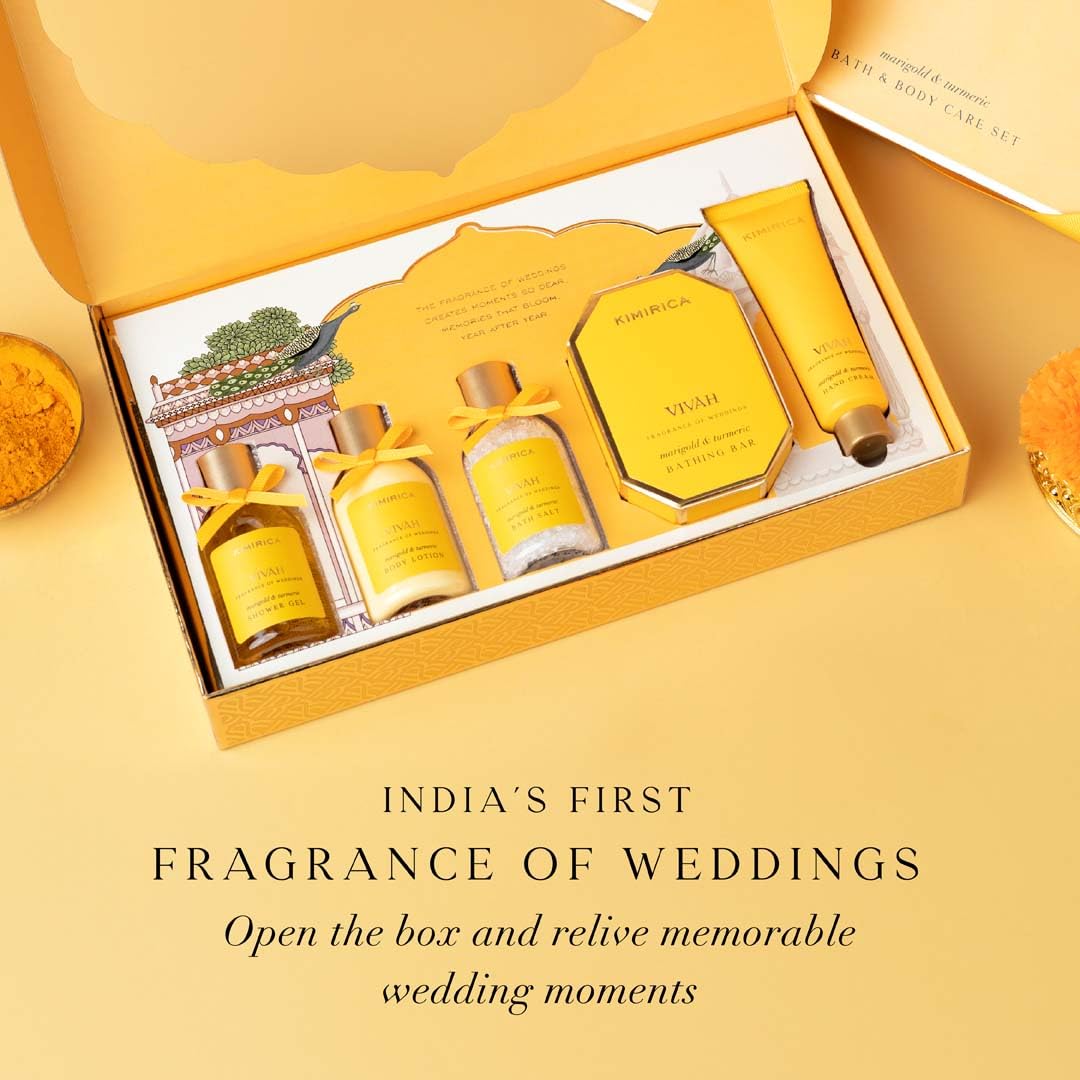 Kimirica Vivah Experience Wedding gift set for couple| Uniquely Crafted Wedding Gifts contains Body wash, Body Lotion, Bath Salt, Bathing bar and Hand cream