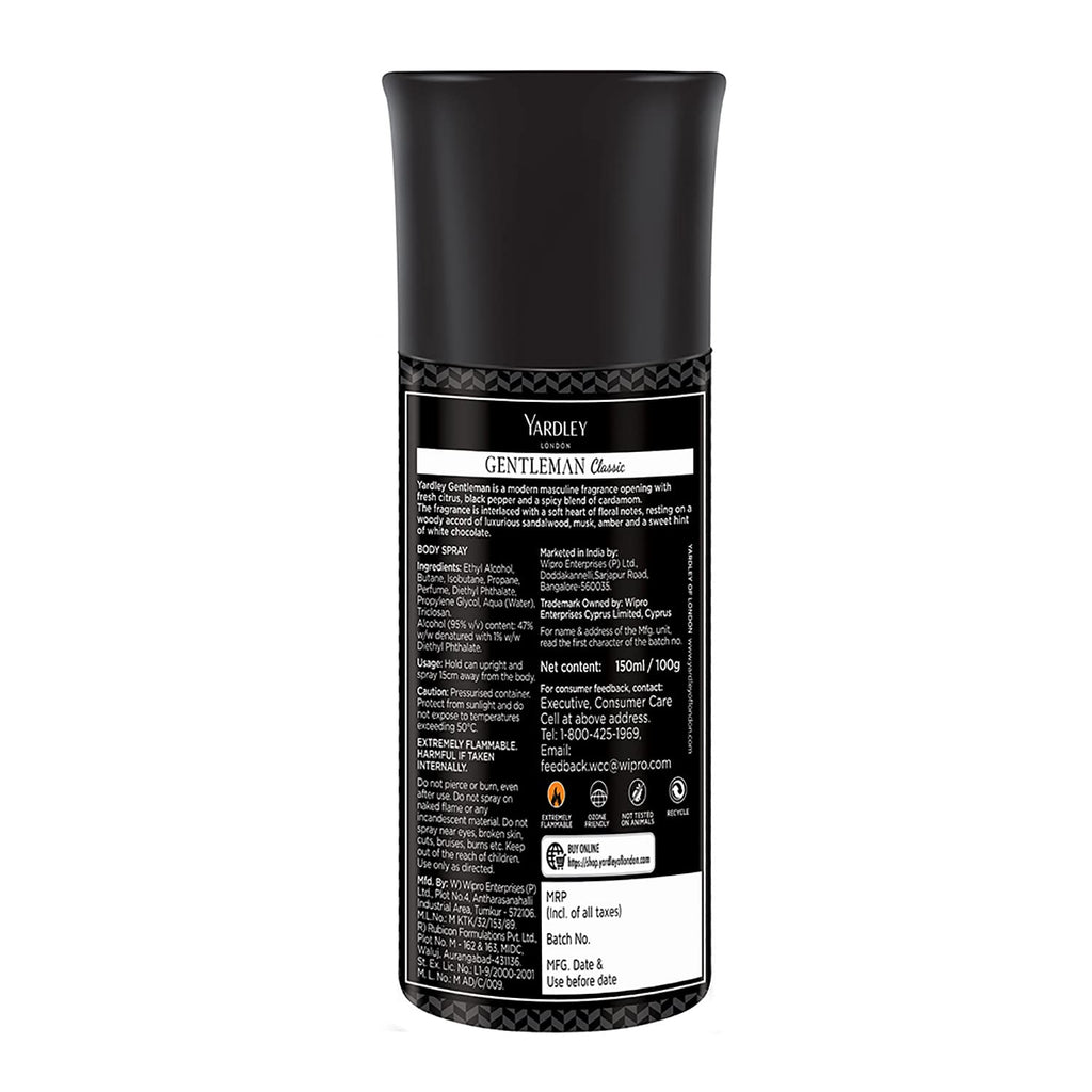 Yardley London Gentleman Classic Deodorant Body Spray For Men, 150ml