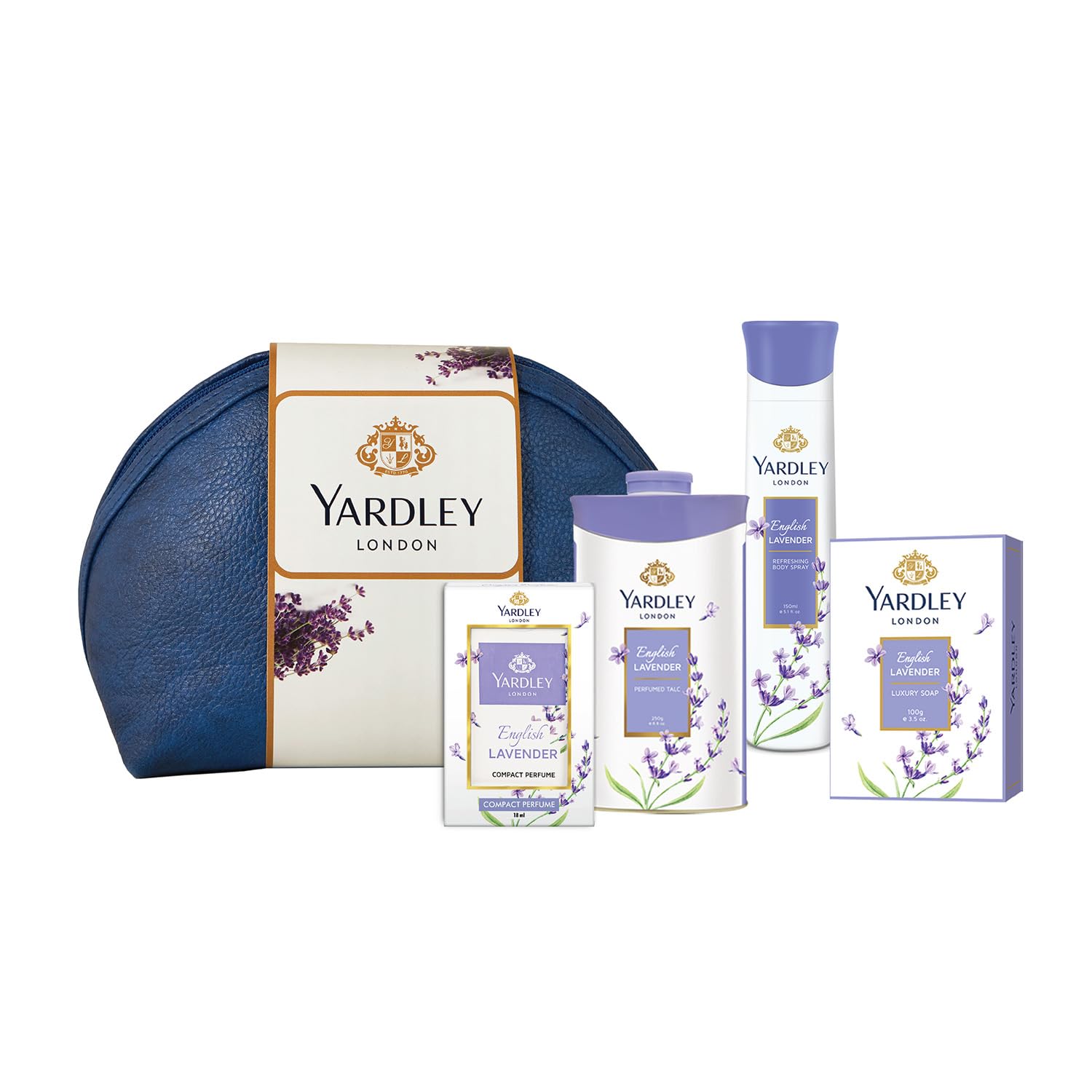 Yardley London English Lavender Range Gift Kit with Free Pouch, 518 ml (Pack Includes Compact Perfume, Deo, Soap, Talc)