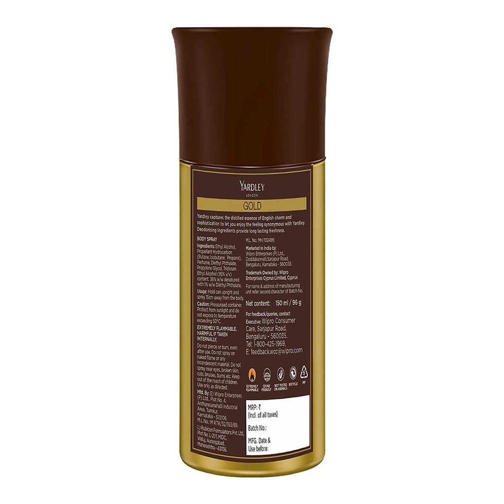 Yardley London Gentleman Gold Body Spray for Men| Fresh Rosemary & Mint Notes| Masculine Fragrance| Body Deodorant for Men| 150ml
