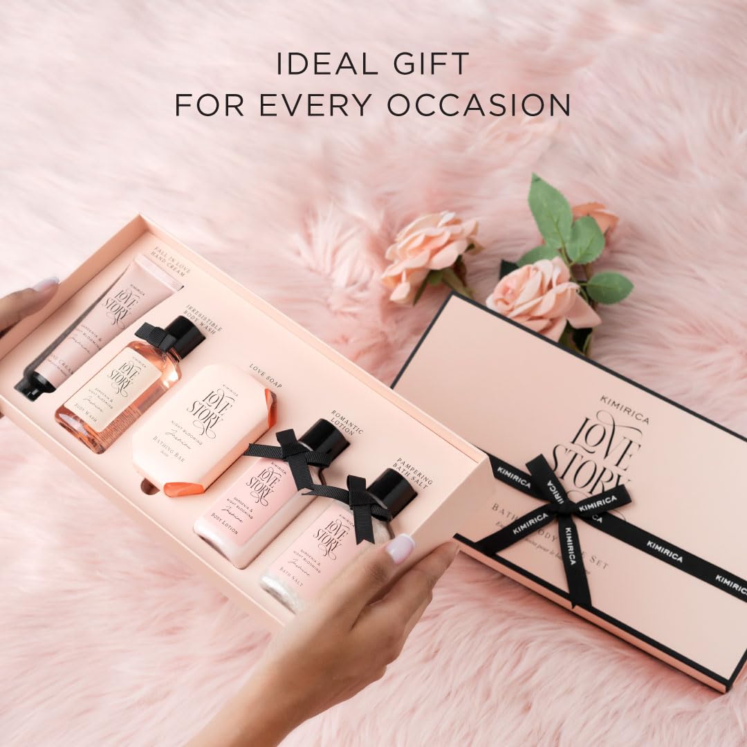Kimirica Love Story Luxury Bath and Body Care Gift Set Box | Bath Salt, Body Wash, Body Lotion, Bathing Bar and Hand cream | Pack of 5 | For Men and Women | Pampering Kit for Birthday ,Anniversary