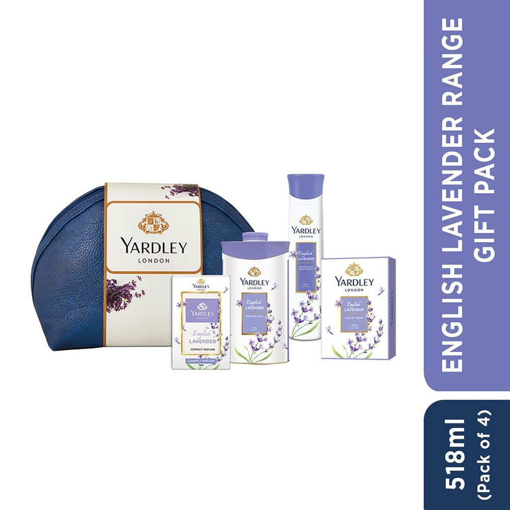 Yardley London English Lavender Range Gift Kit with Free Pouch, 518 ml (Pack Includes Compact Perfume, Deo, Soap, Talc)