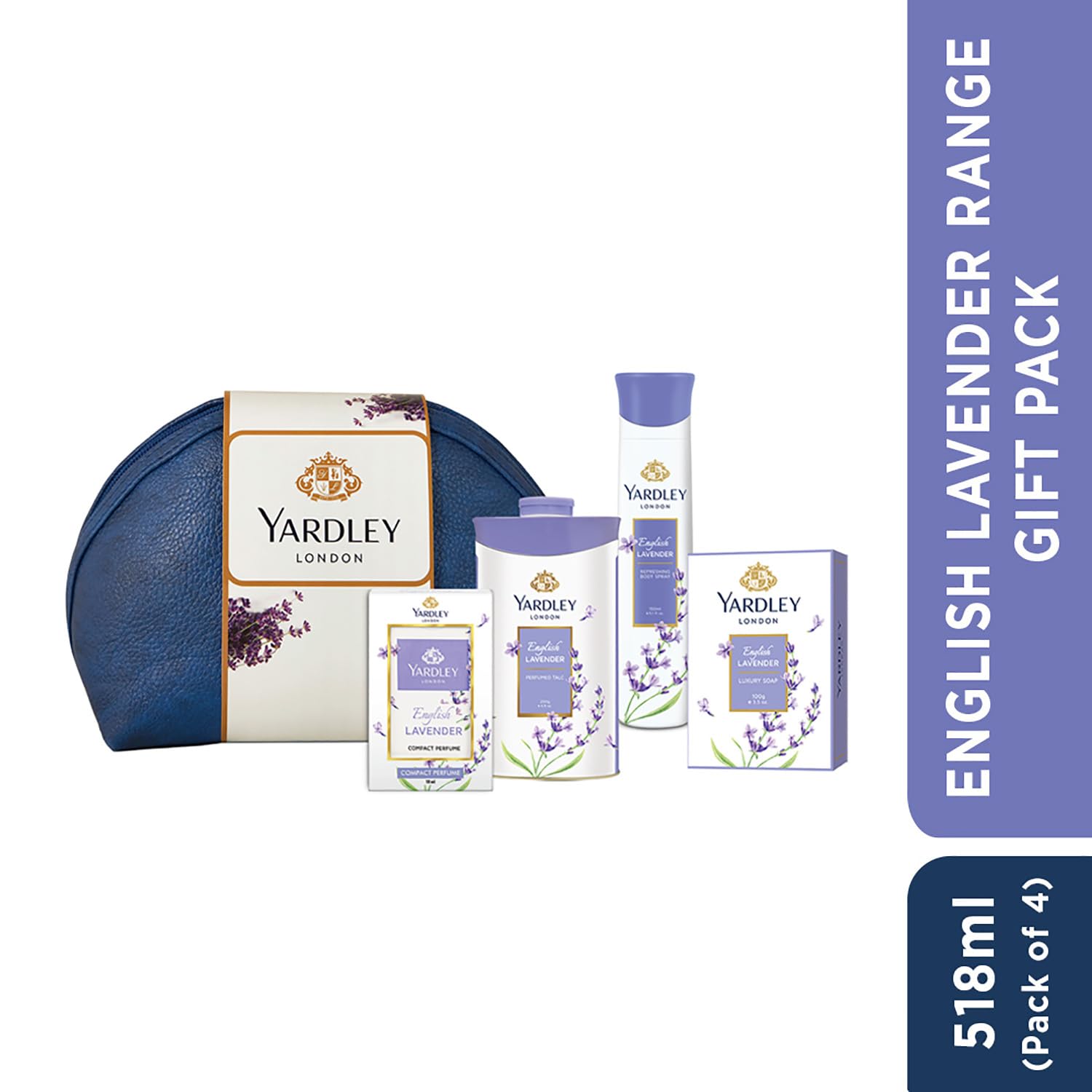 Yardley London English Lavender Range Gift Kit with Free Pouch, 518 ml (Pack Includes Compact Perfume, Deo, Soap, Talc)