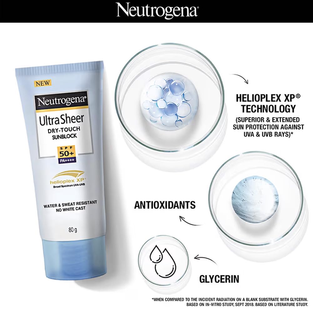 Neutrogena Ultrasheer Sunscreen SPF 50+ PA++++ | Broad Spectrum UVA/UVB | Blue Light Protect | No White Cast | Water Resistant, Ultra Light & Non Sticky | Oily, Dry & Sensitive Skin | For Women & Men | 80g