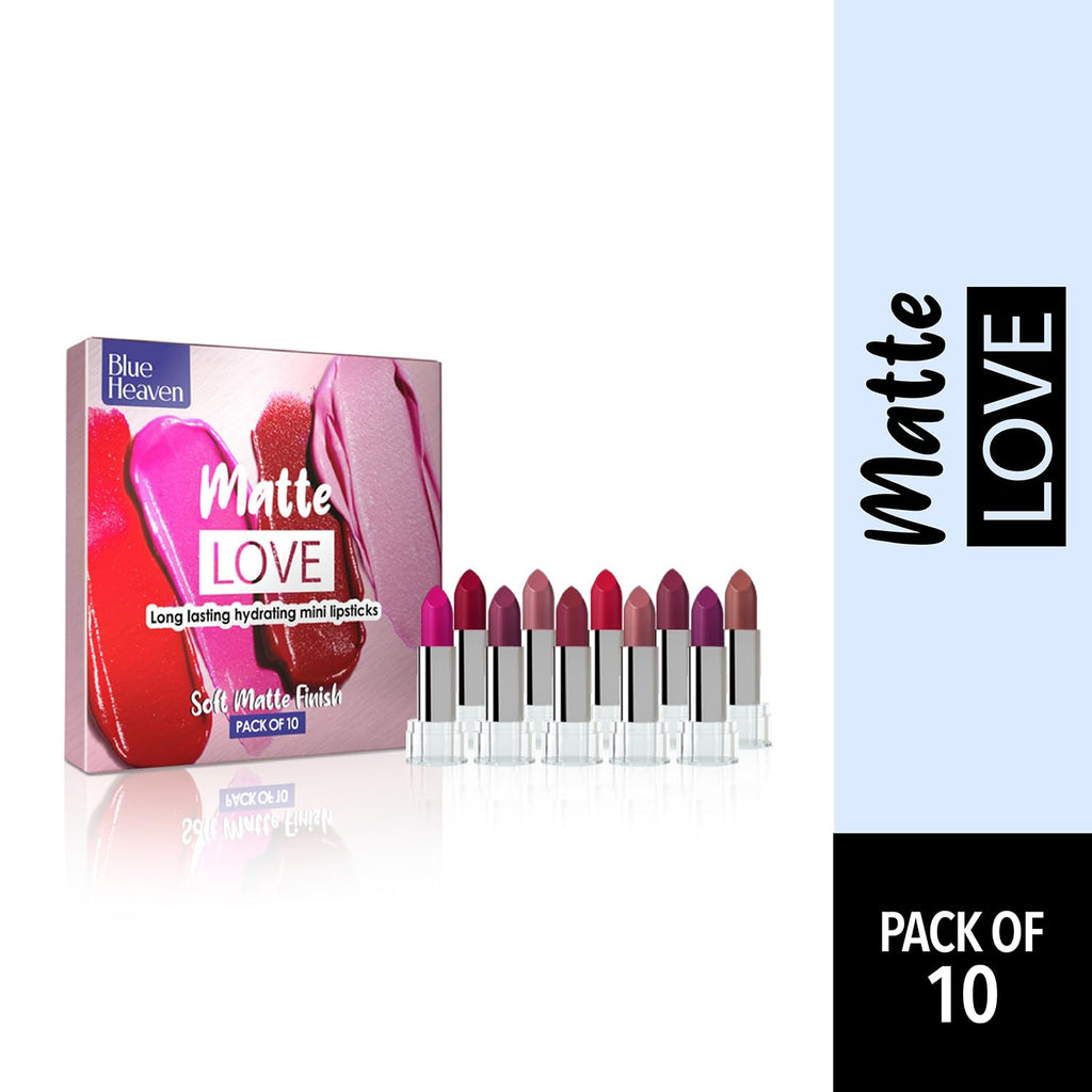 Blue Heaven Matte Love Mini Lipsticks pack of 10 | Long Lasting, Hydrating & Moisturizing Mini Roll on Lipsticks for Women | Soft-Matte Finish | 13g