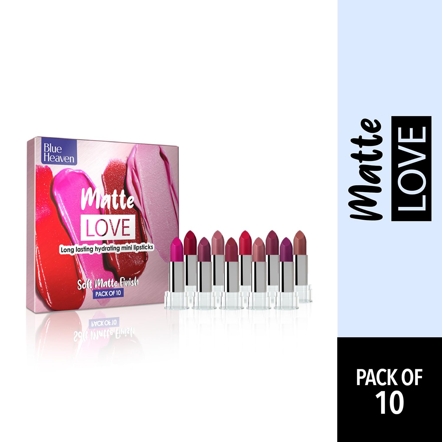 Blue Heaven Matte Love Mini Lipsticks pack of 10 | Long Lasting, Hydrating & Moisturizing Mini Roll on Lipsticks for Women | Soft-Matte Finish | 13g