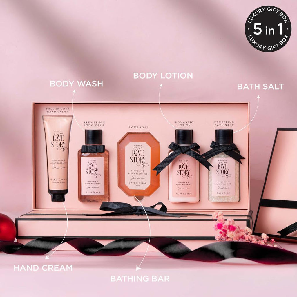 Kimirica Love Story Luxury Bath and Body Care Gift Set Box | Bath Salt, Body Wash, Body Lotion, Bathing Bar and Hand cream | Pack of 5 | For Men and Women | Pampering Kit for Birthday ,Anniversary
