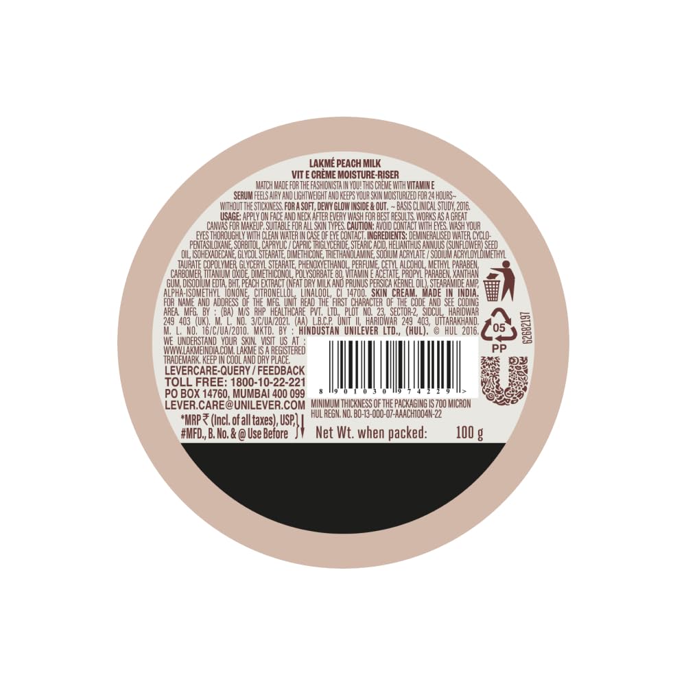 LAKMÉ Peach Milk Soft Crème Moisturizer For Face 100g || Daily Lightweight Whipped Cream With Vitamin E For Soft|| Glowing Skin - Non Oily 24h Moisture