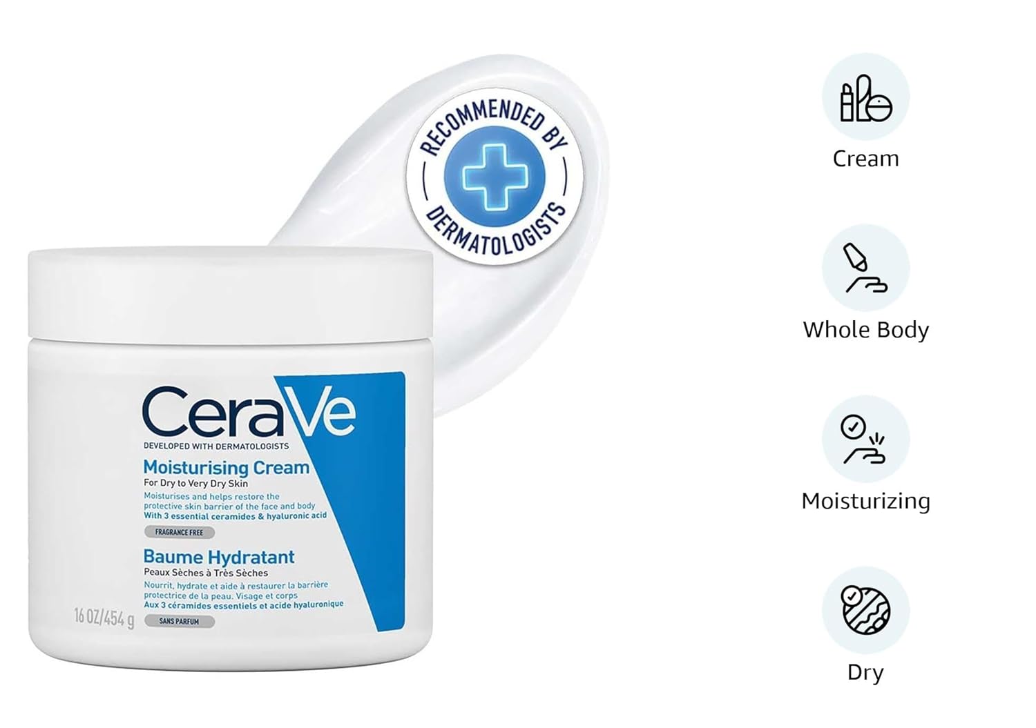 CeraVe Moisturizing Cream For Dry To Very Dry Skin (454g) - Formulated with 3 Essential Ceramides And Hyaluronic Acid | Non-Comedogenic Moisturizer For Face and Body