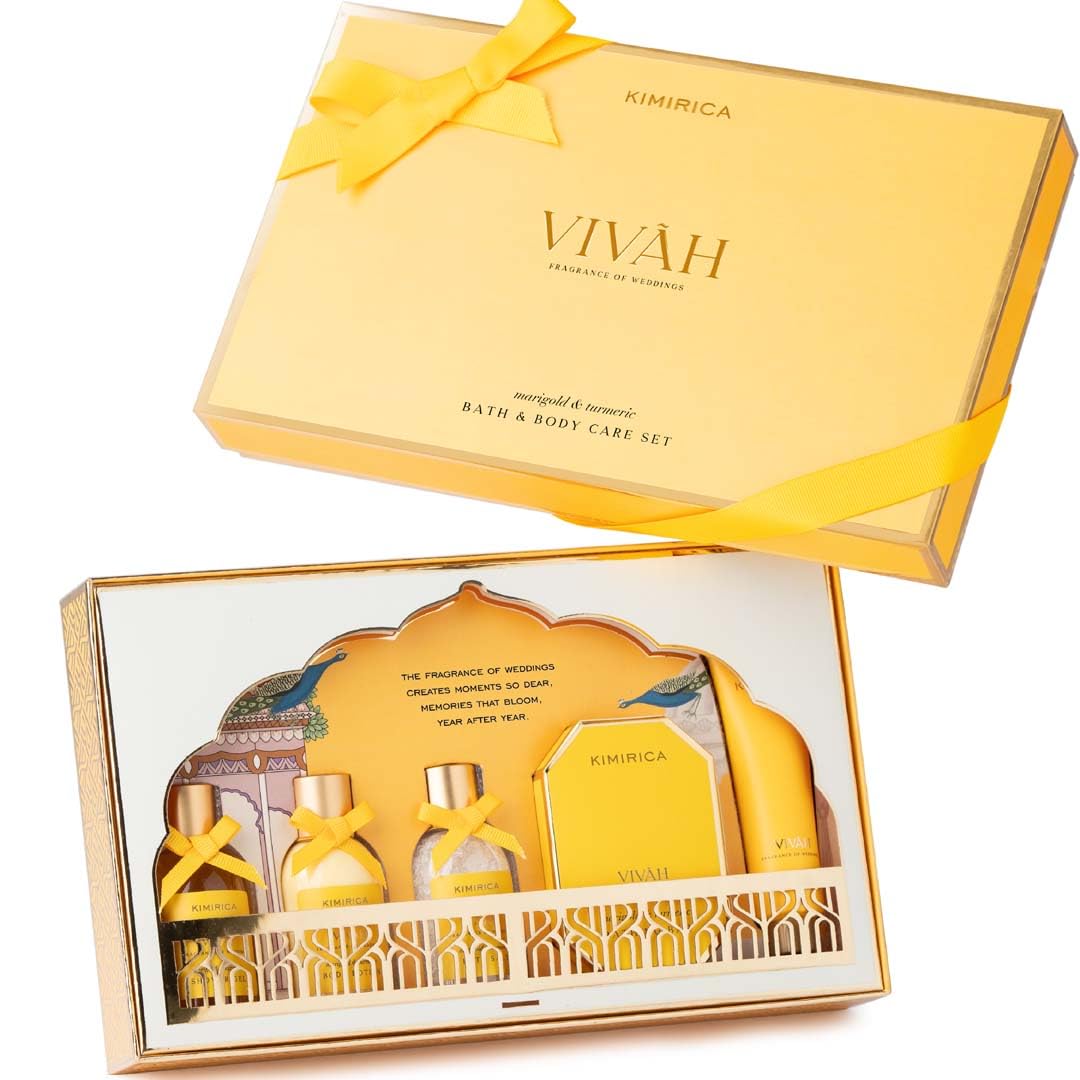 Kimirica Vivah Experience Wedding gift set for couple| Uniquely Crafted Wedding Gifts contains Body wash, Body Lotion, Bath Salt, Bathing bar and Hand cream