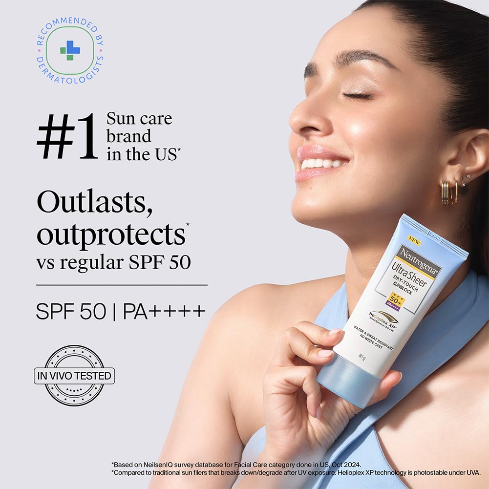 Neutrogena Ultrasheer Sunscreen SPF 50+ PA++++ | Broad Spectrum UVA/UVB | Blue Light Protect | No White Cast | Water Resistant, Ultra Light & Non Sticky | Oily, Dry & Sensitive Skin | For Women & Men | 80g