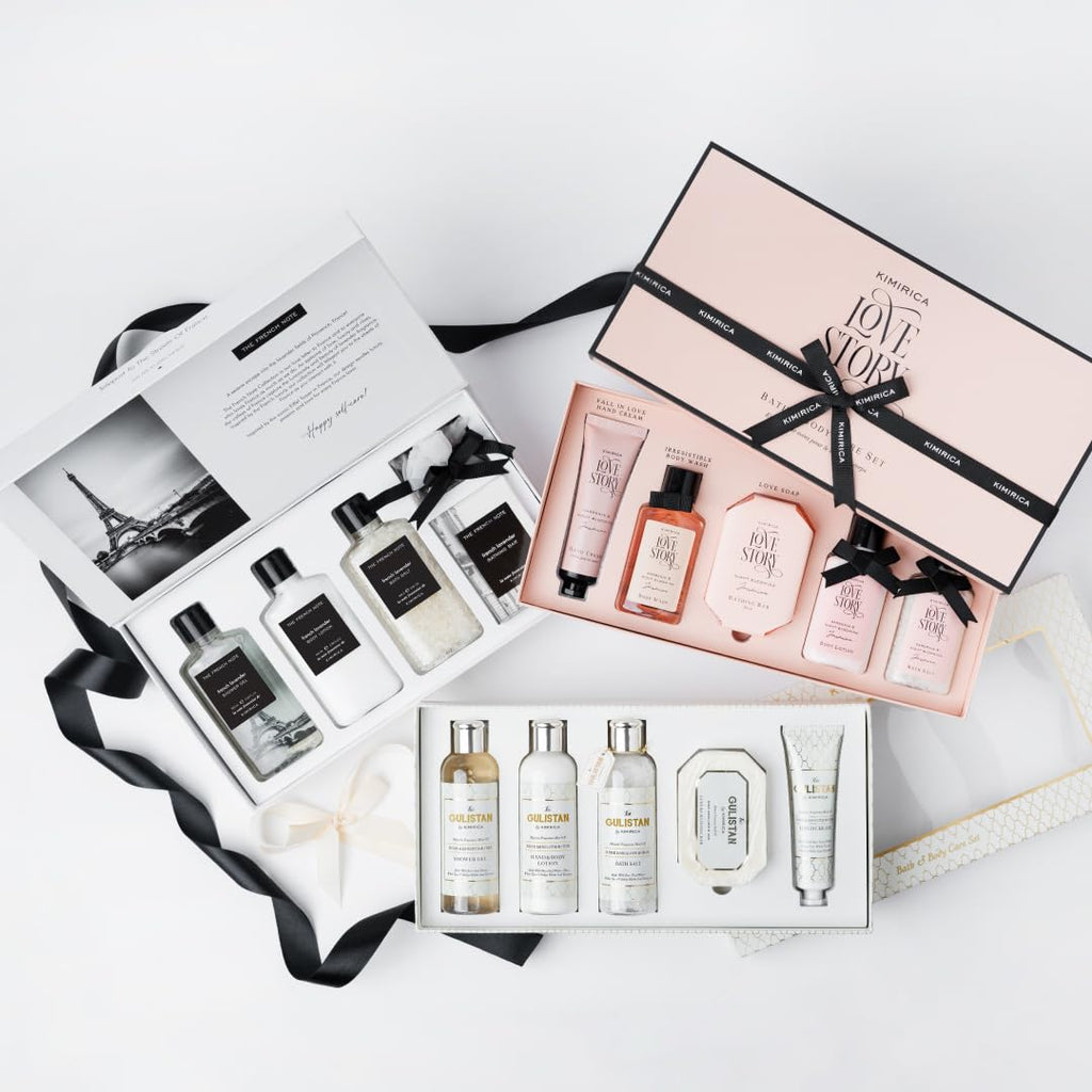 Kimirica Love Story Luxury Bath and Body Care Gift Set Box | Bath Salt, Body Wash, Body Lotion, Bathing Bar and Hand cream | Pack of 5 | For Men and Women | Pampering Kit for Birthday ,Anniversary