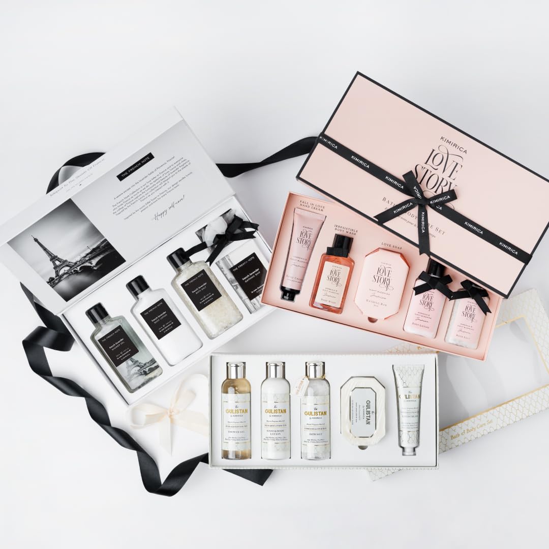 Kimirica Love Story Luxury Bath and Body Care Gift Set Box | Bath Salt, Body Wash, Body Lotion, Bathing Bar and Hand cream | Pack of 5 | For Men and Women | Pampering Kit for Birthday ,Anniversary