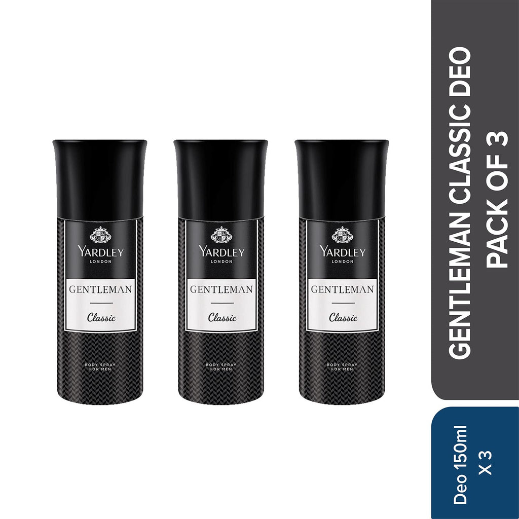 Yardley London Gentleman Classic Body Spray for Men| Fresh Woody Fougère Notes | Masculine Fragrance | Body Deodorant for Men | 150ml, Pack of 3