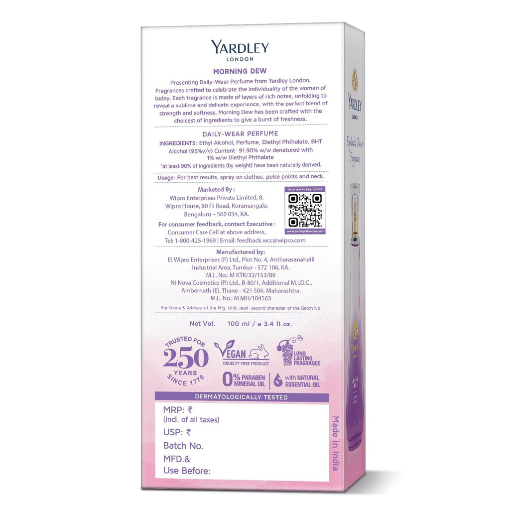 Yardley London Morning Dew Perfume Spray| Fresh Floral Scent| 90% Naturally Derived| Lilly Of Valley & Frangipani| Perfume For Women| 100Ml