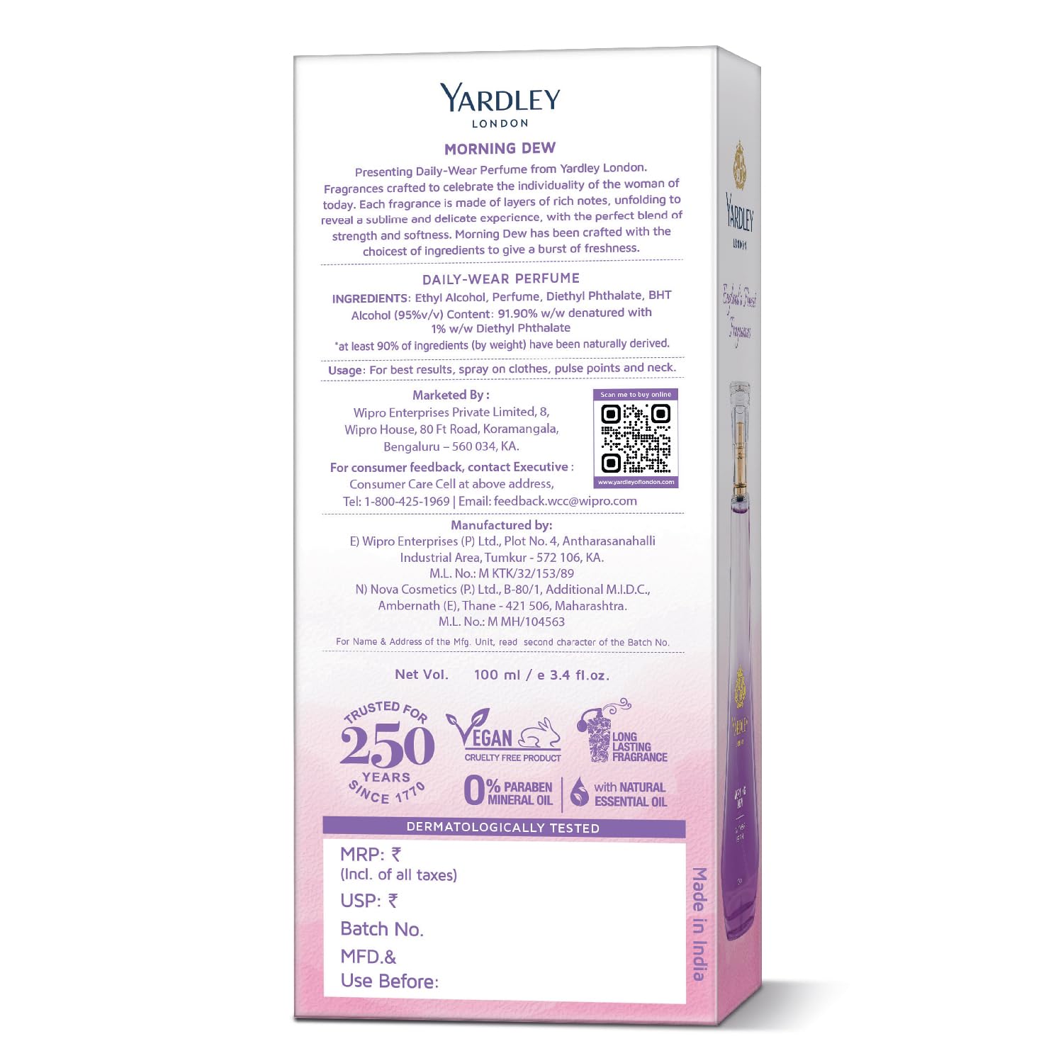 Yardley London Morning Dew Perfume Spray| Fresh Floral Scent| 90% Naturally Derived| Lilly Of Valley & Frangipani| Perfume For Women| 100Ml