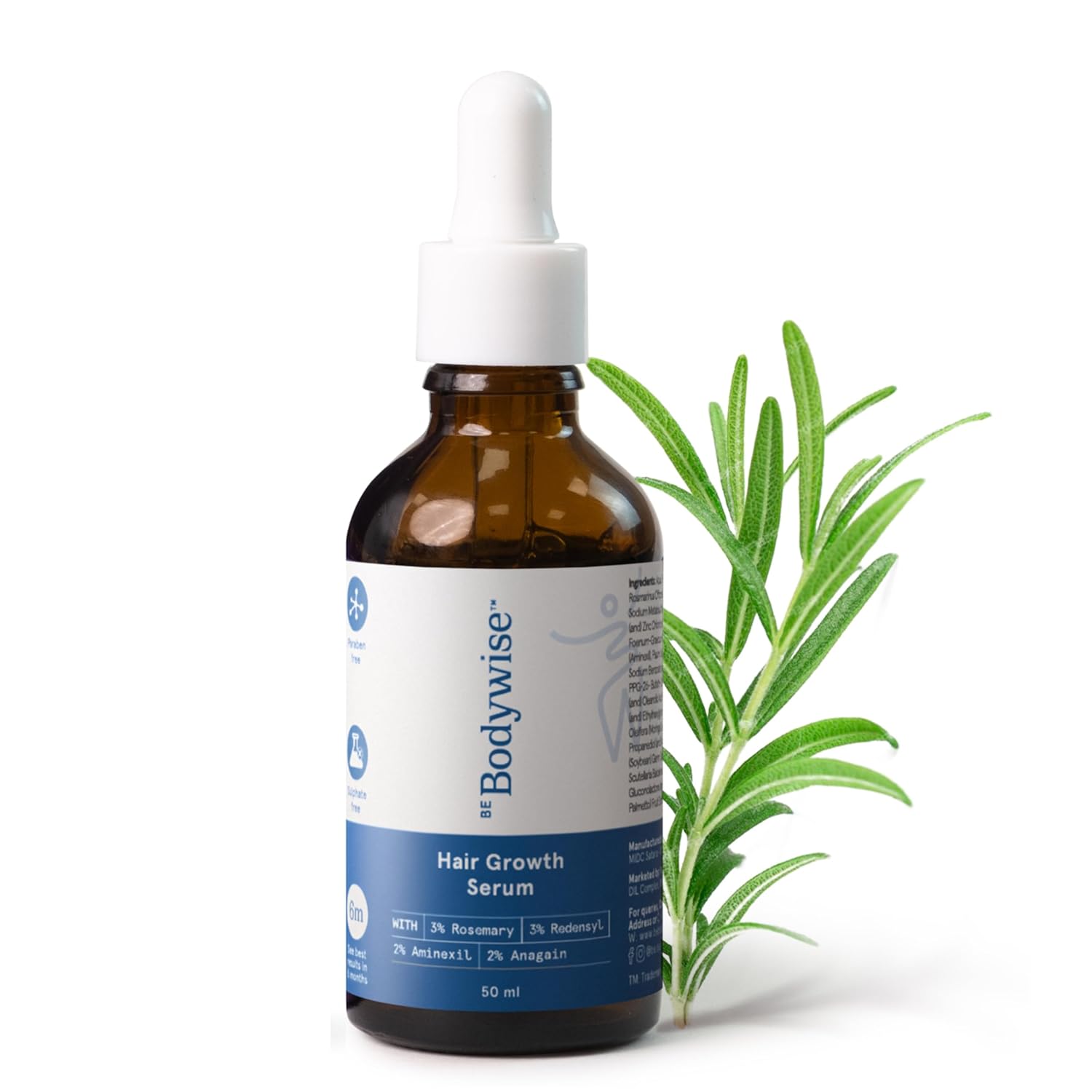 Be Bodywise Rosemary Hair Serum | With 3% Redensyl, 2% Aminexil, & 2% Anagain | For Thicker & Stronger Hair | Prevents Hair Fall & Stimulates Follicles | For All Hair Types | 50ml